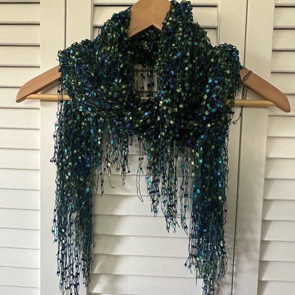 Intricately woven hand made cover up/scarf in cool colors - greens blues purples - Picture 2 of 7